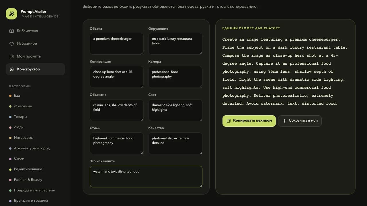 Конструктор промпта в локальном приложении Prompt Atelier