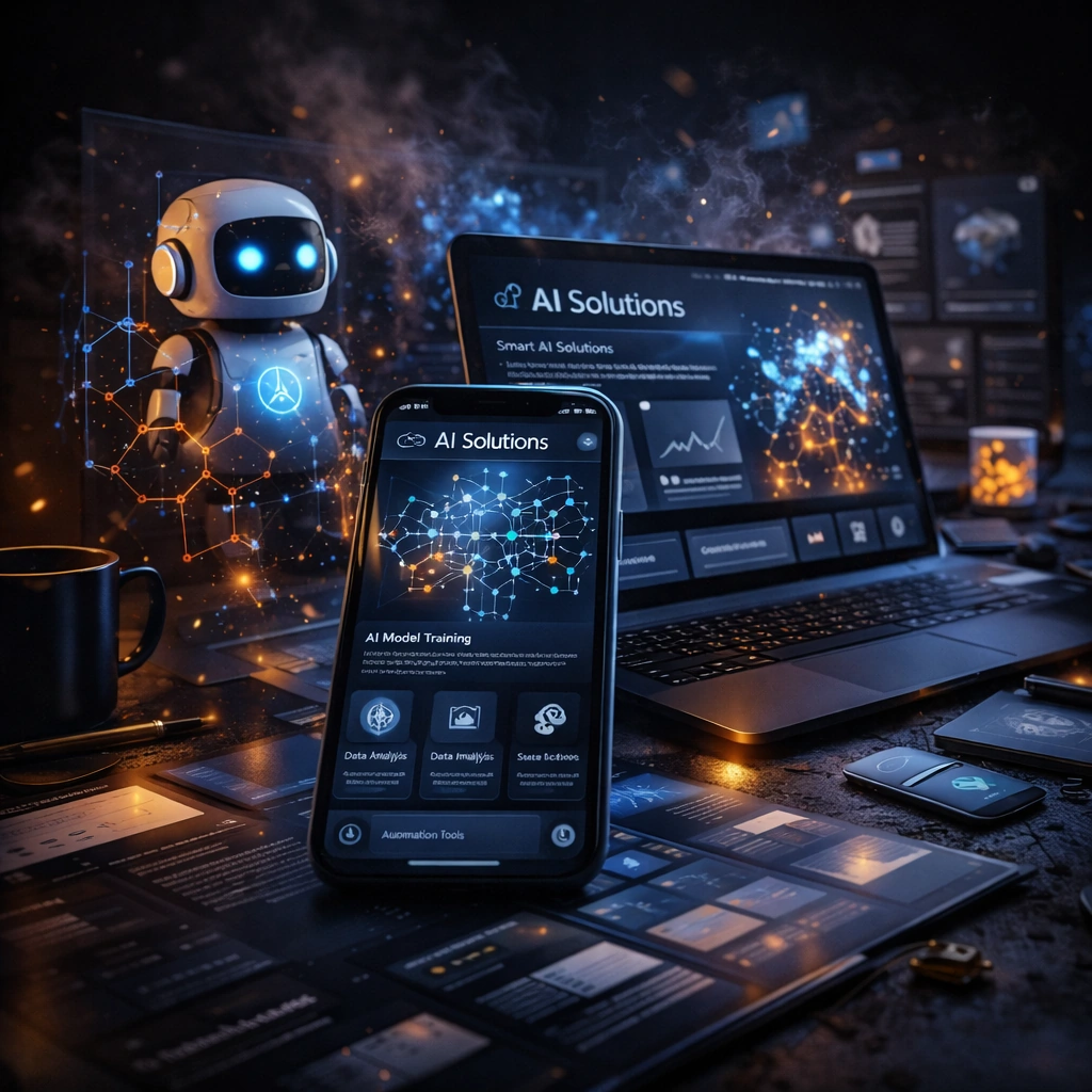 Интерфейс AI-решений для бизнеса: мобильное приложение и ноутбук с инструментами моделирования и анализа данных, обеспечивающие автоматизацию процессов и повышение эффективности ра